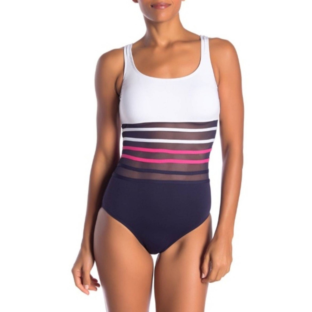 NAUTICA Swimsuit Striped Mesh Slimming Size Large